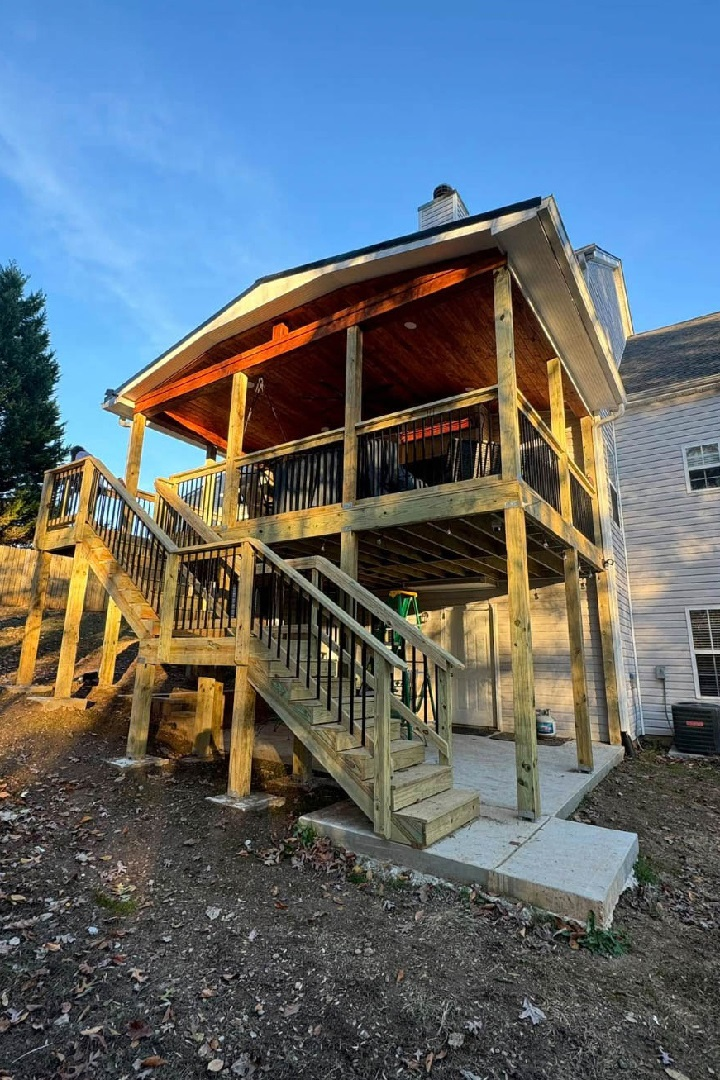 Two Story Covered Wooden Deck with Stairs